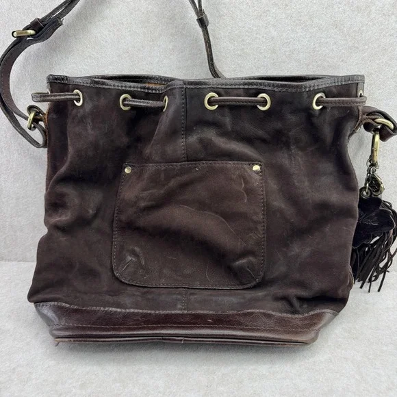 Patricia Nash Bag Womens Medium Dark Brown Suede Bucket Drawstring Fringe - Picture 3 of 16